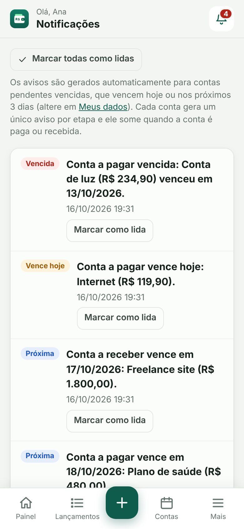 Tela de notificações com avisos de contas vencidas e próximas