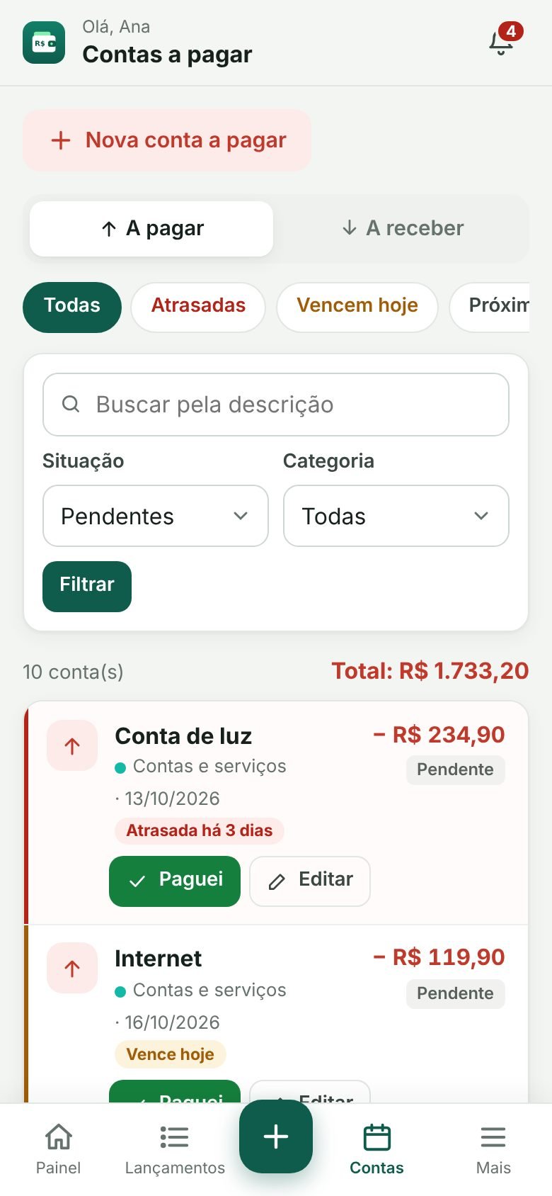 Lista de contas a pagar com destaques de atrasada, vence hoje e próximas